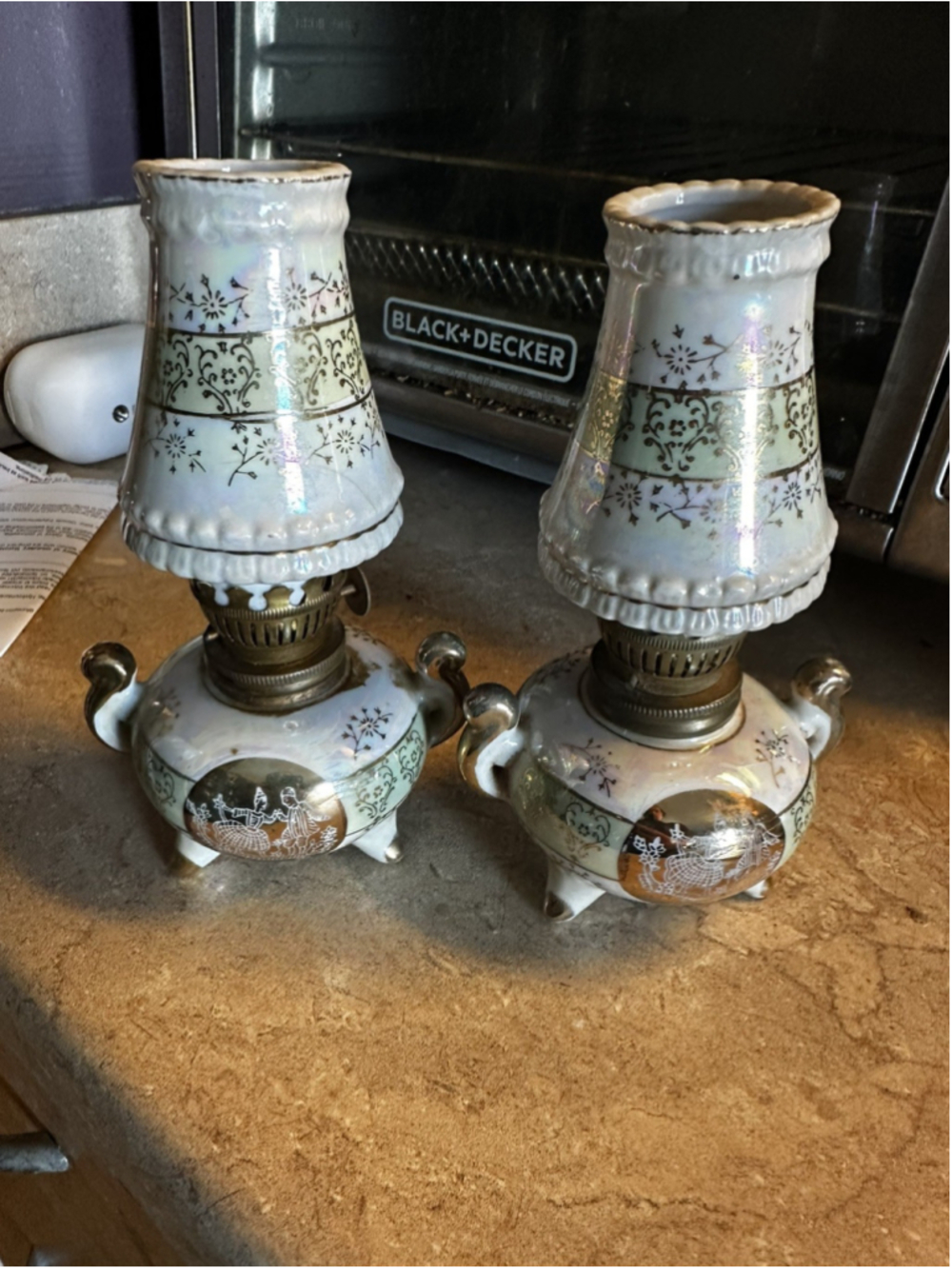 Vintage Porcelain Miniature Oil Lamp Set of 2 Japan Iridescent Lustreware - Picture 4 of 8